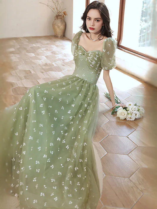 Dusty Sage maxi prom dress, alternate view showing the bodice and skirt