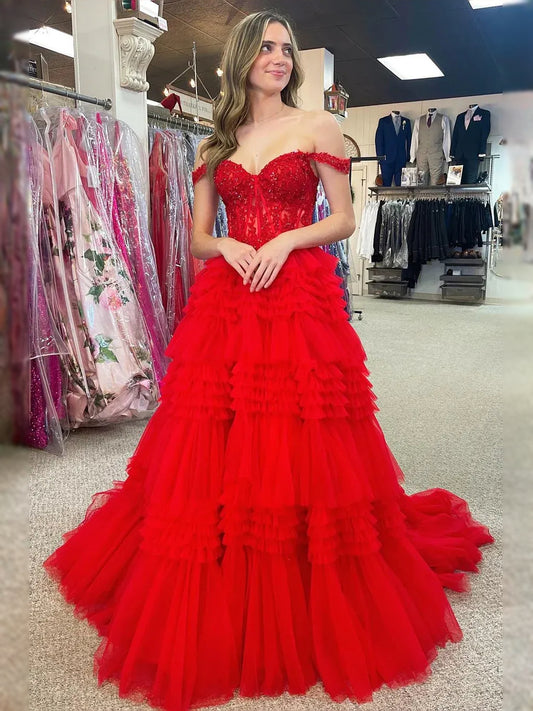 Red maxi prom dress, alternate view showing the bodice and skirt