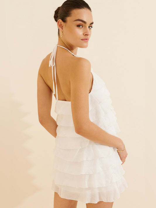 White mini homecoming dress, alternate view showing the bodice and skirt