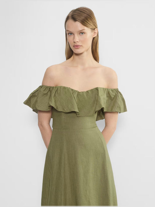 Gold midi formal dress with off-the-shoulder neckline, alternate view