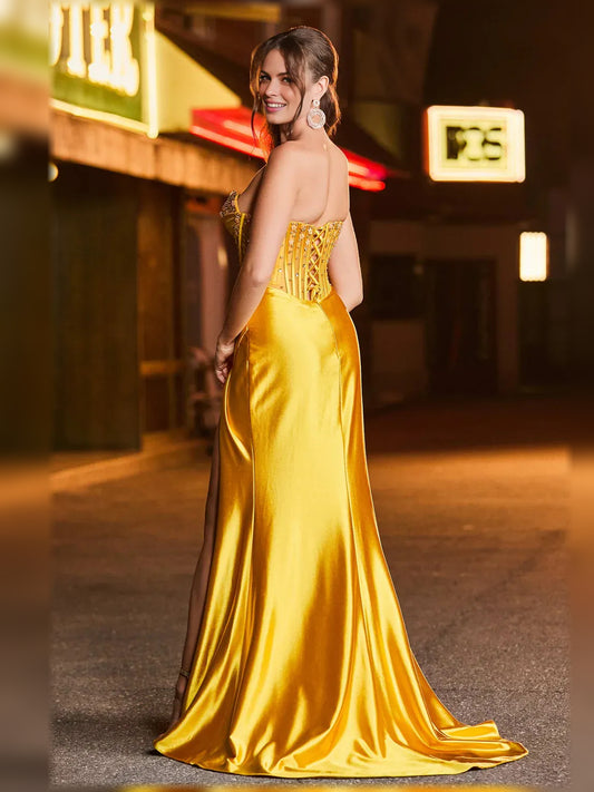 Marigold mermaid floor-length formal dress with beading, alternate view