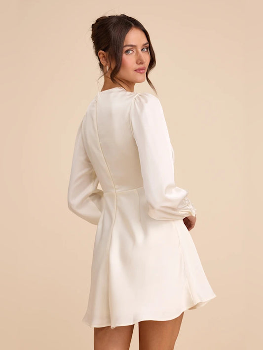 Ivory mini homecoming dress, alternate view showing the bodice and skirt