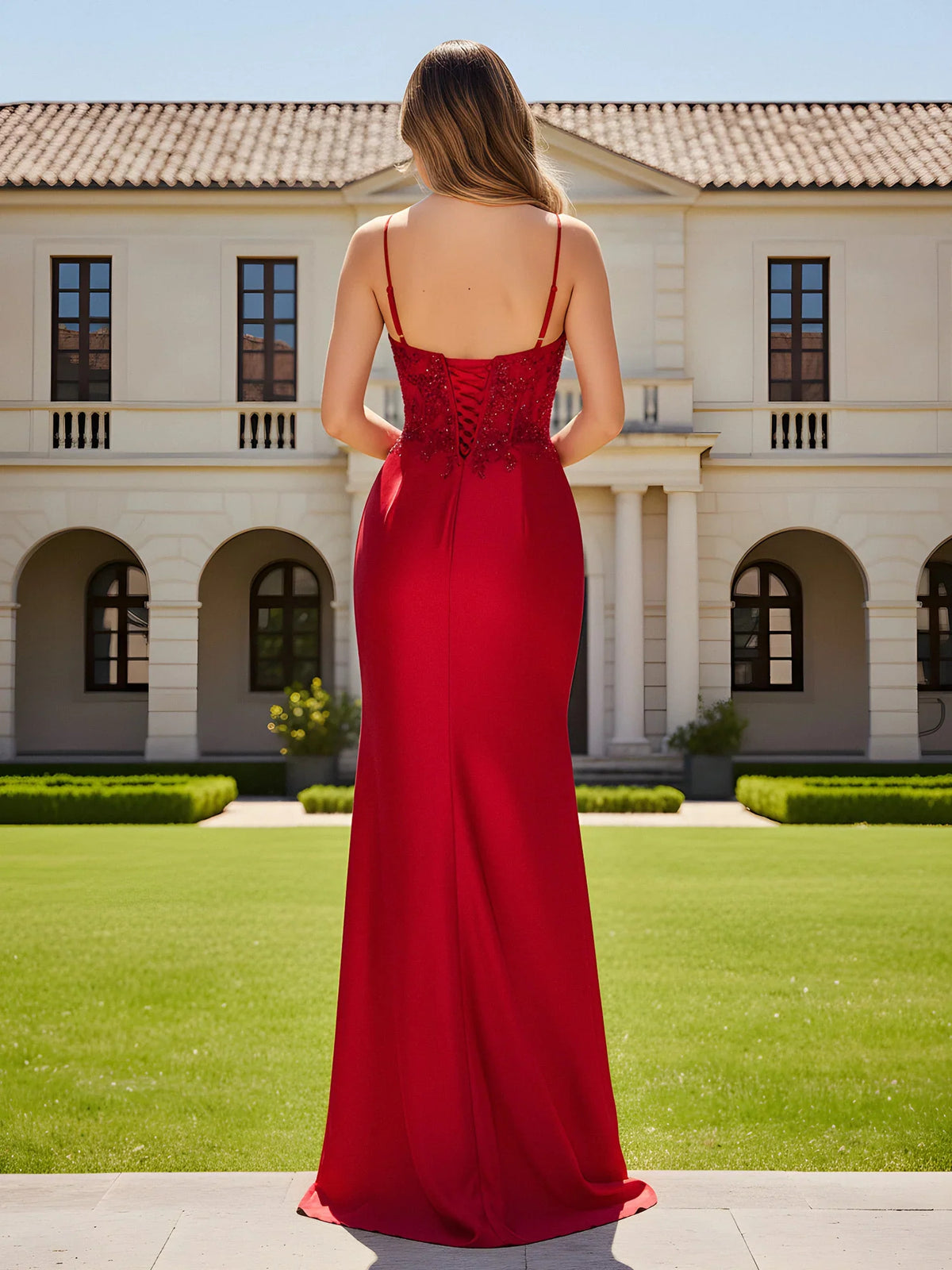 Red floor-length prom dress, alternate view showing the bodice and skirt