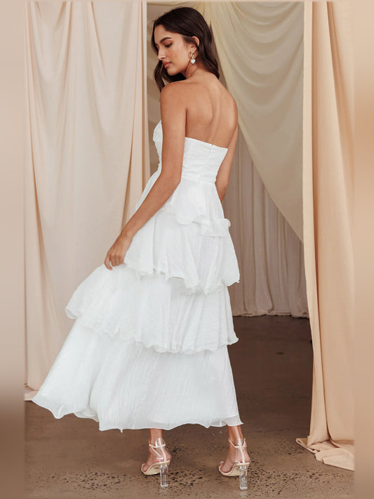 Off White Strapless Layered Design Midi Formal Dress, product view