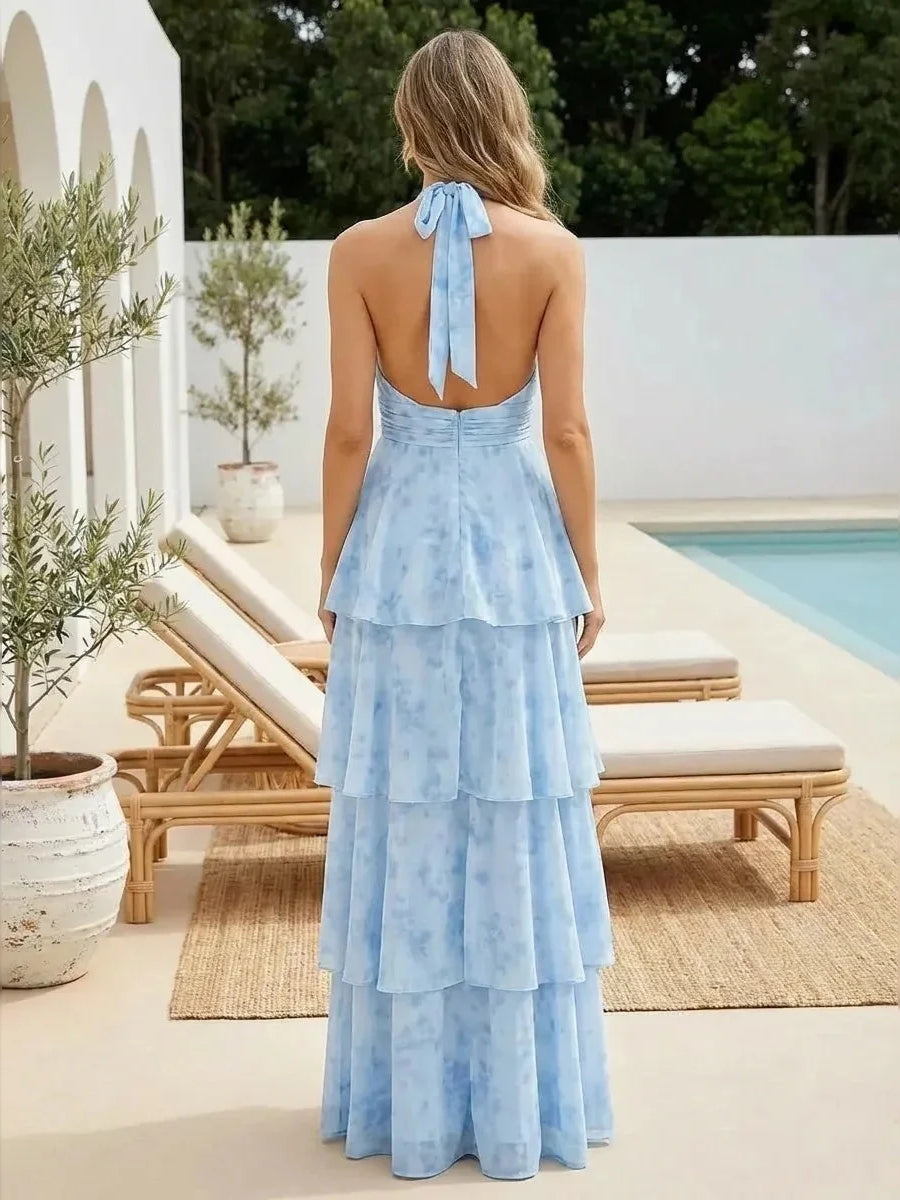 Blue maxi bridesmaid dress, alternate view showing the bodice and skirt