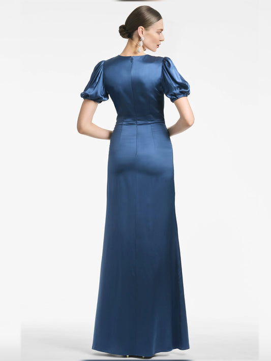 Green sheath maxi formal dress with ruffle details, alternate view