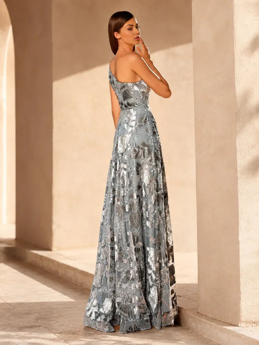 Silver a-line floor-length formal dress with floral print, alternate view