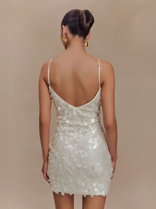 Ivory mini homecoming dress, alternate view showing the bodice and skirt