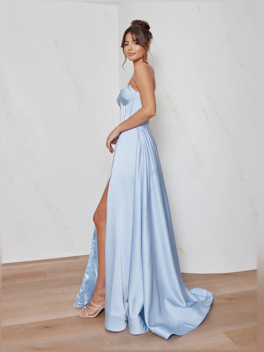 Light Blue a-line floor-length formal dress with corset-style bodice, alternate view