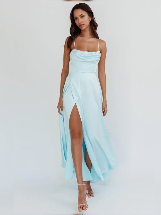 Sky Blue a-line floor-length formal dress with skirt slit, alternate view
