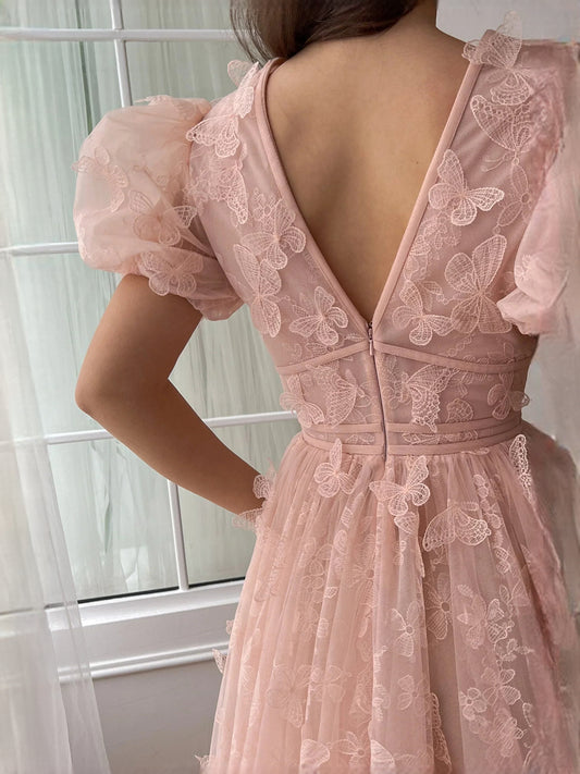Peach floor-length prom dress, alternate view showing the bodice and skirt