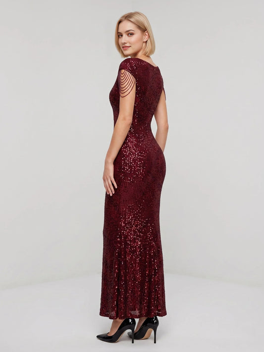 Burgundy mermaid maxi formal dress with sequins, alternate view