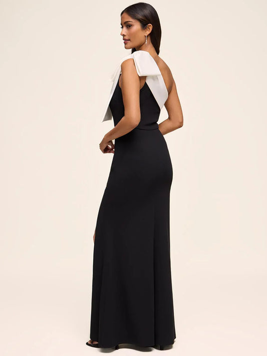 Black mermaid floor-length formal dress with bow detail, alternate view