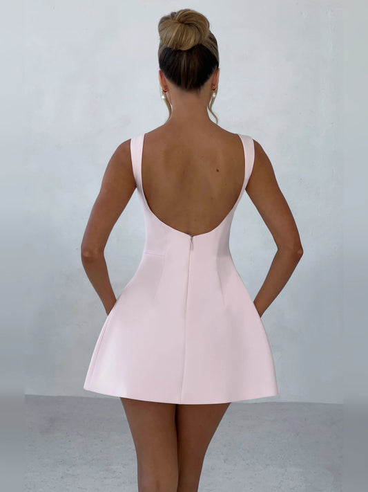 Blush mini homecoming dress, alternate view showing the bodice and skirt