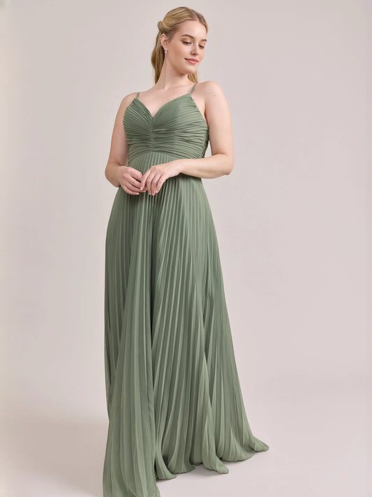 Dusty Sage maxi bridesmaid dress, alternate view showing the bodice and skirt