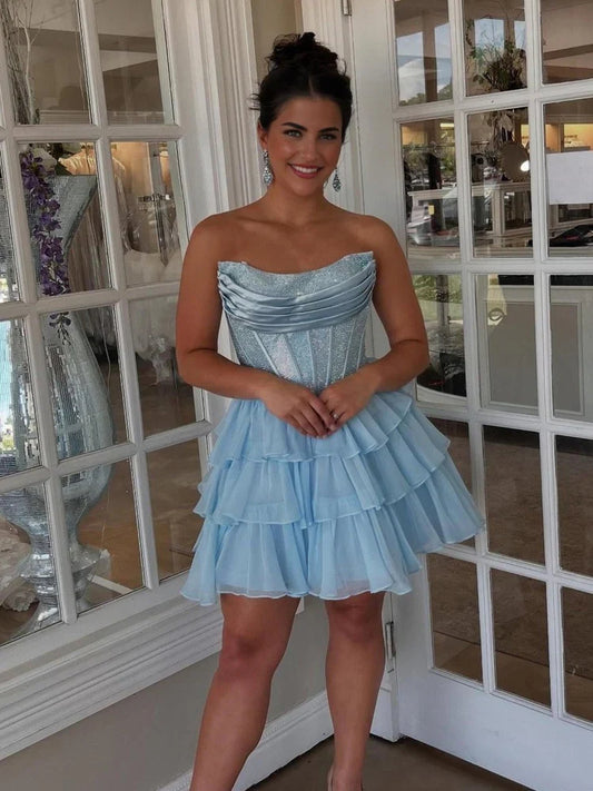 Light Blue mini homecoming dress, back view showing the rear of the dress