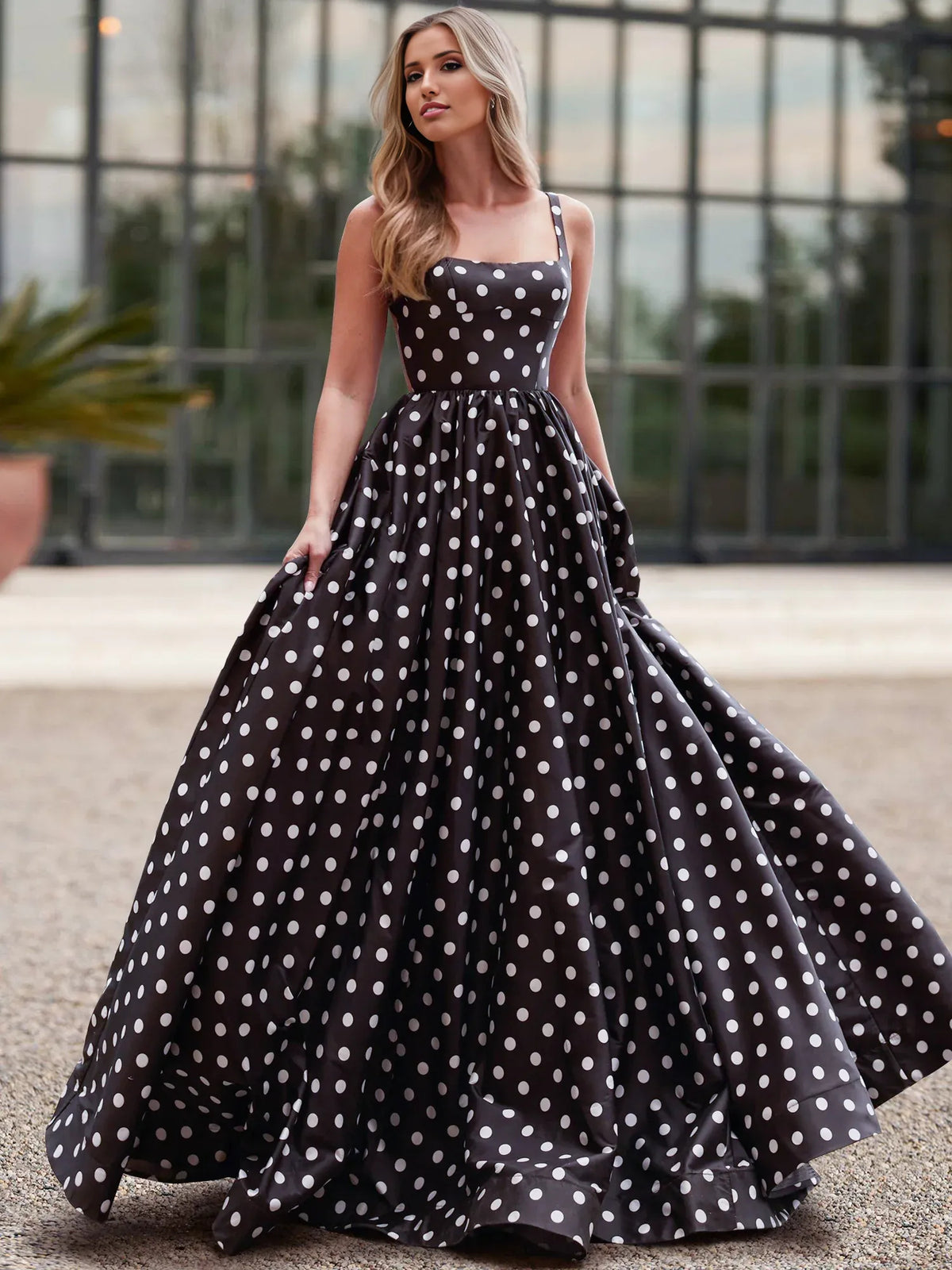Black maxi prom dress, alternate view showing the bodice and skirt