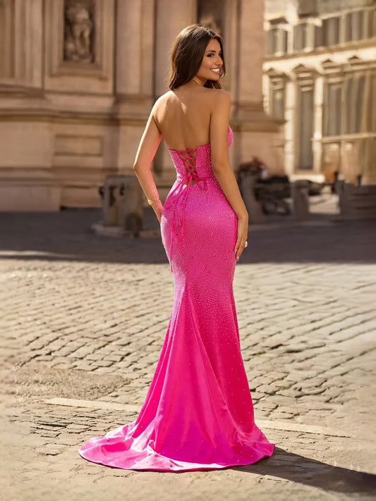 Hot Pink maxi prom dress, alternate view showing the bodice and skirt
