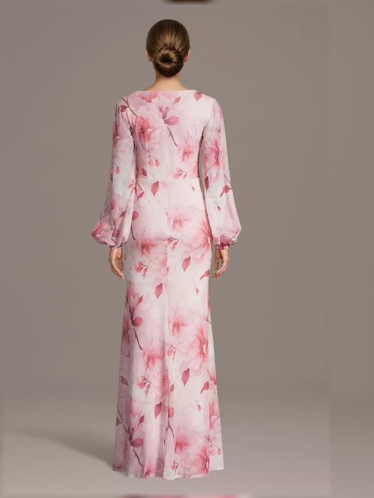 Floral maxi mother of the bride dress, alternate view showing the bodice and skirt