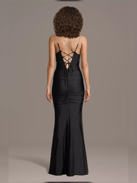 Black mermaid floor-length formal dress with corset-style bodice, alternate view