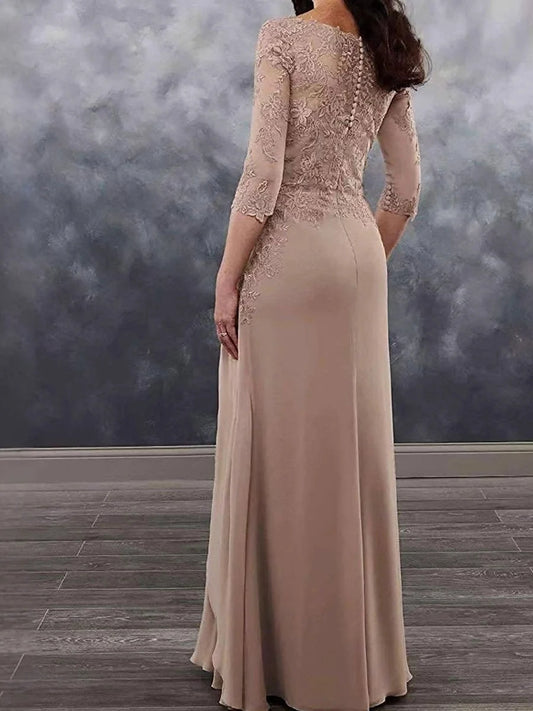 Taupe floor-length mother of the bride dress, alternate view showing the bodice and skirt