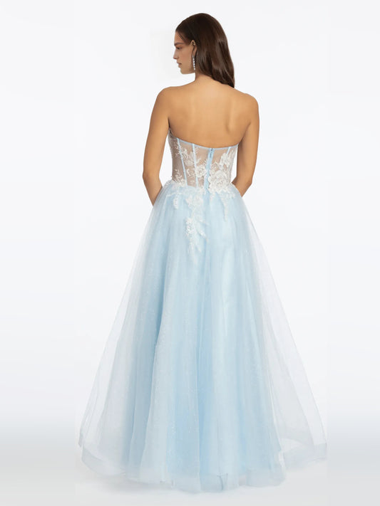 Light Blue floor-length prom dress, back view showing the rear of the dress