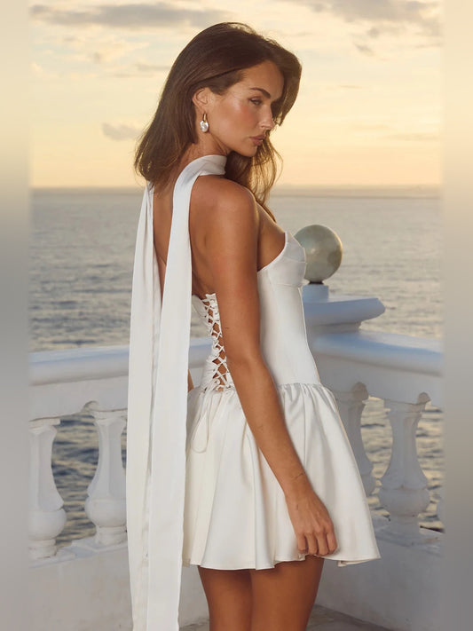 IVORY mini homecoming dress, alternate view showing the bodice and skirt