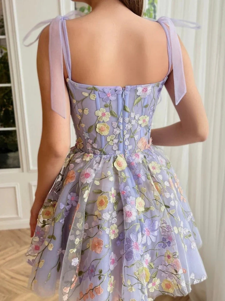 Lilac short homecoming dress, back view showing the rear of the dress