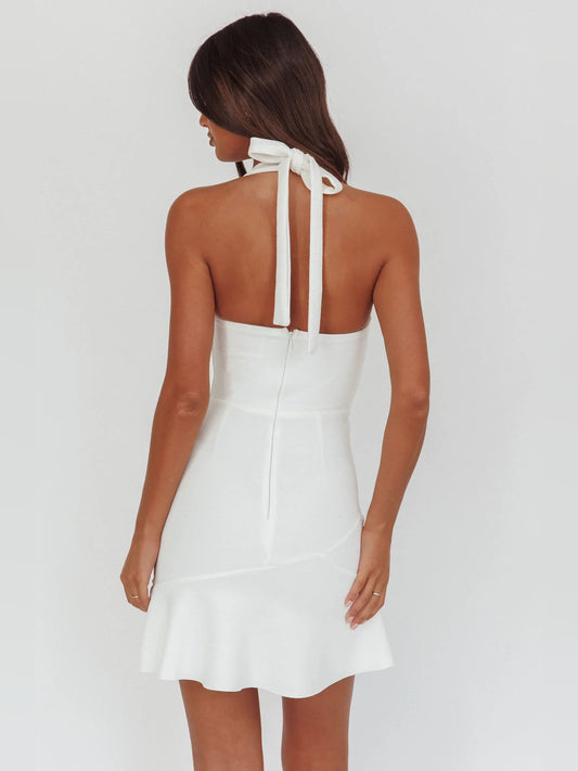 White mini homecoming dress, alternate view showing the bodice and skirt