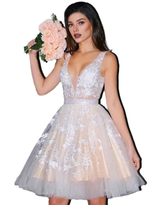 Nude mini homecoming dress, back view showing the rear of the dress
