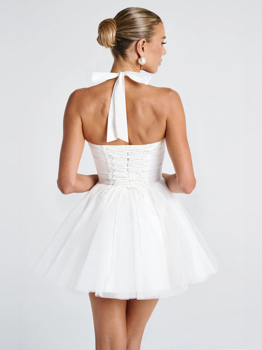 Ivory mini homecoming dress, alternate view showing the bodice and skirt