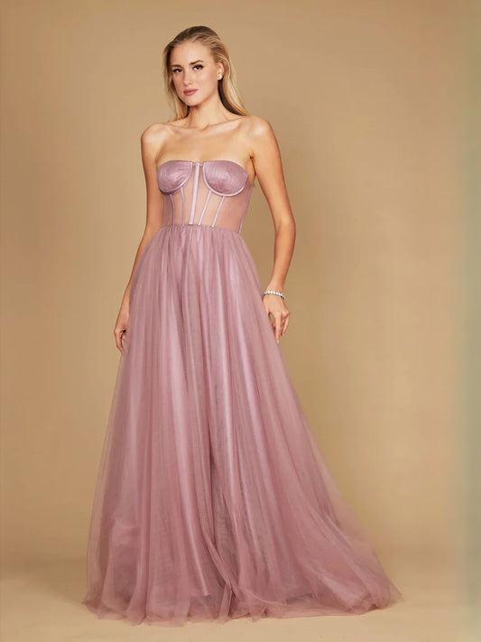 Mauve floor-length prom dress, back view showing the rear of the dress