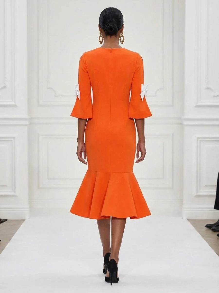 Burnt Orange midi mother of the bride dress, alternate view showing the bodice and skirt