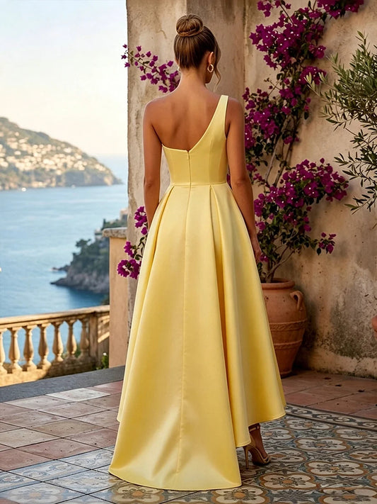 Yellow high-low bridesmaid dress, alternate view showing the bodice and skirt