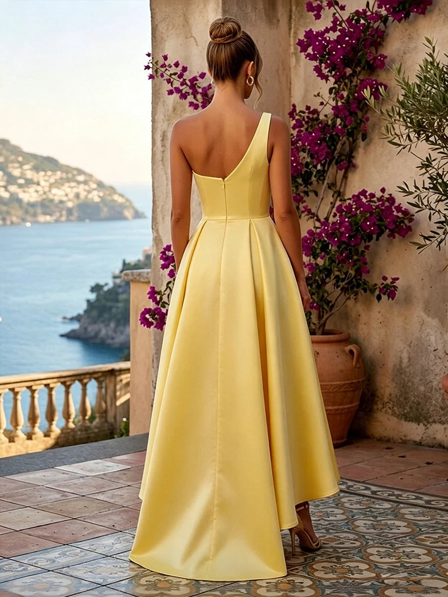 Yellow high-low bridesmaid dress, alternate view showing the bodice and skirt