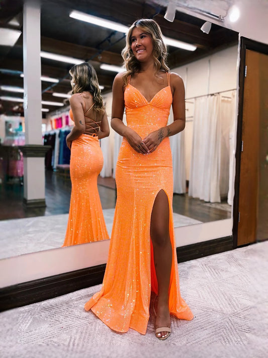 Orange floor-length prom dress, alternate view showing the bodice and skirt