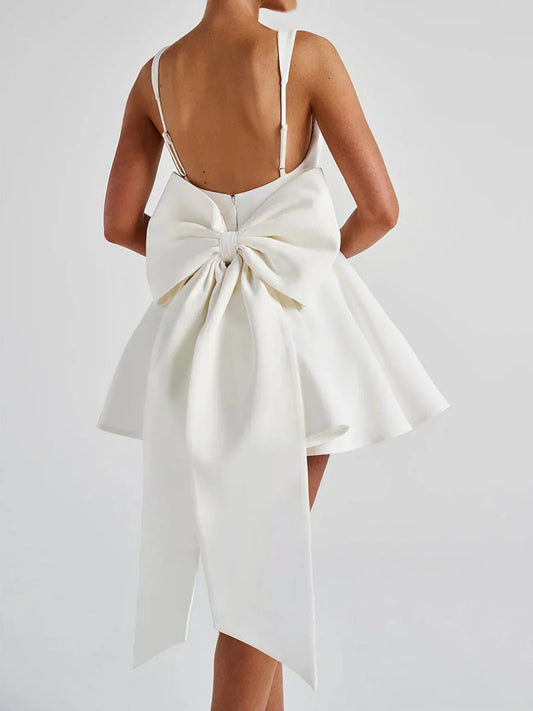 Ivory mini homecoming dress, back view showing the rear of the dress