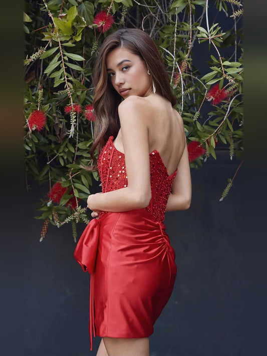 Crimson Red mini homecoming dress, back view showing the rear of the dress