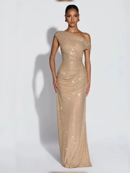 Champagne mermaid floor-length formal dress with draping, alternate view