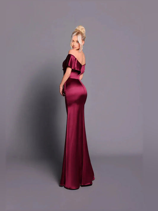 Burgundy a-line floor-length formal dress with off-the-shoulder neckline, alternate view