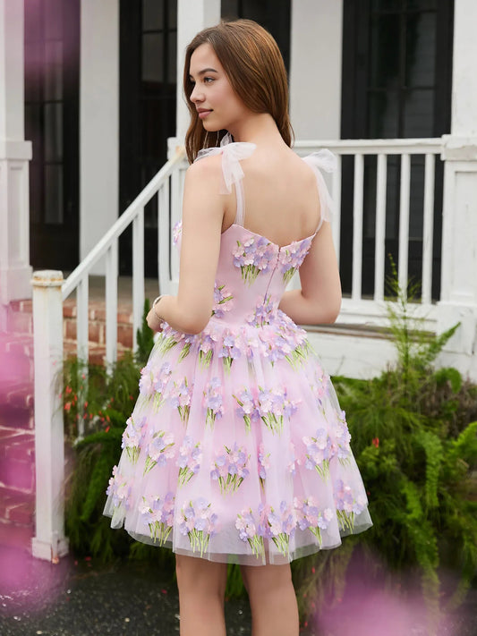 Blush Pink mini homecoming dress, back view showing the rear of the dress