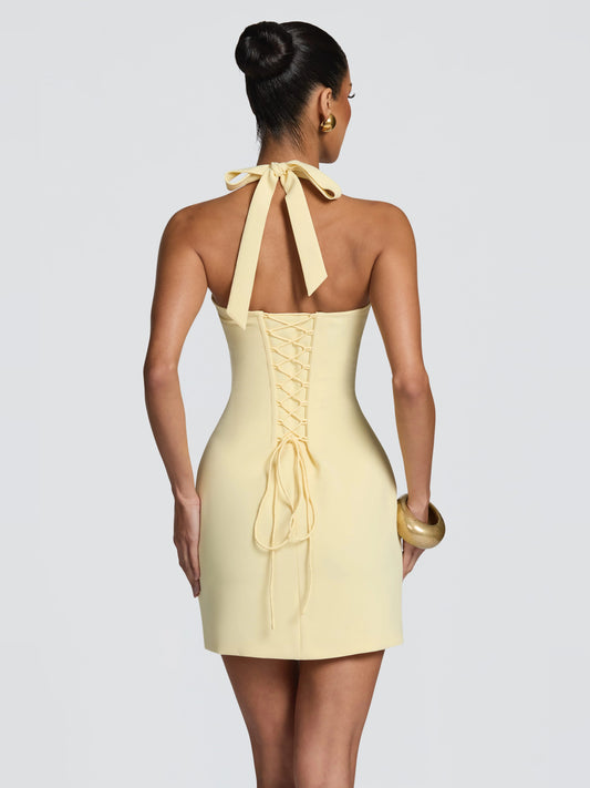 Lemon mini homecoming dress, alternate view showing the bodice and skirt