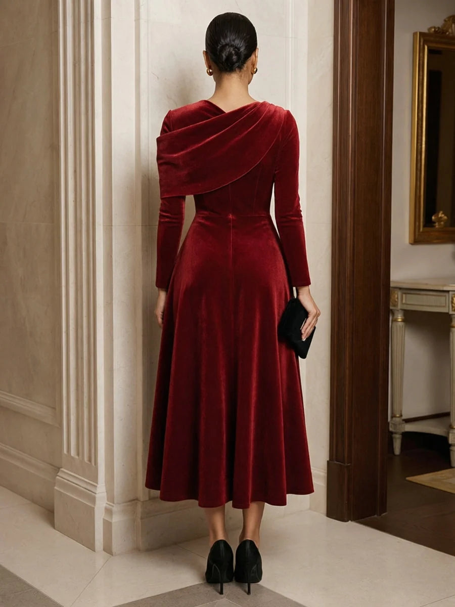 Burgundy midi mother of the bride dress, alternate view showing the bodice and skirt