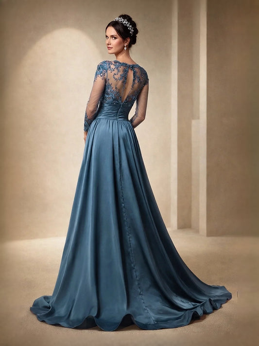 Dusty Blue floor-length mother of the bride dress, alternate view showing the bodice and skirt