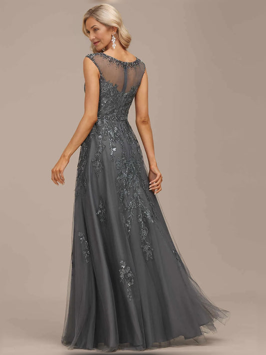 Steel Grey maxi mother of the bride dress, alternate view showing the bodice and skirt