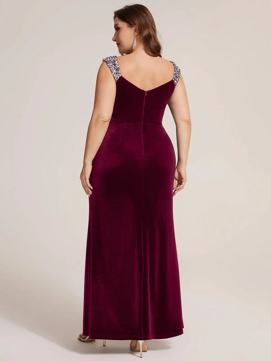 Burgundy maxi mother of the bride dress, alternate view showing the bodice and skirt