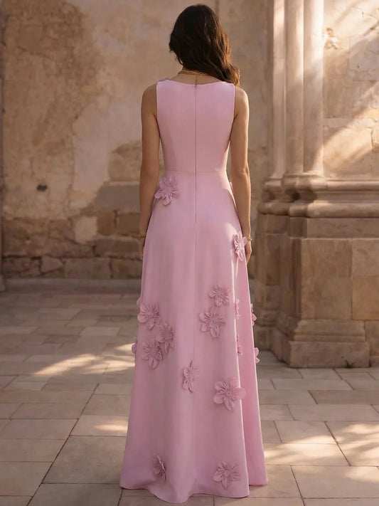 Pink a-line floor-length formal dress with floral appliqué, alternate view