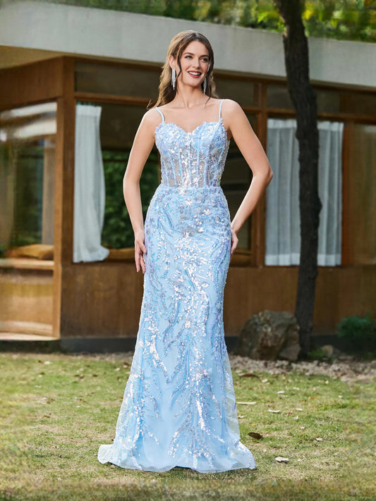 Light Blue floor-length prom dress, alternate view showing the bodice and skirt