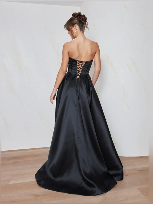 Black a-line floor-length formal dress with corset-style bodice, alternate view
