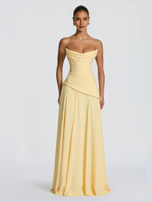 Yellow a-line floor-length formal dress with corset-style bodice, alternate view